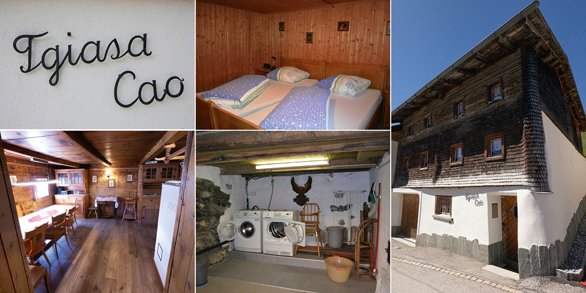 Bildbeschreibung: verschiedene Ansichten mit Zimmer, Wohnraum, Waschraum und Aussenansicht im Sommer.