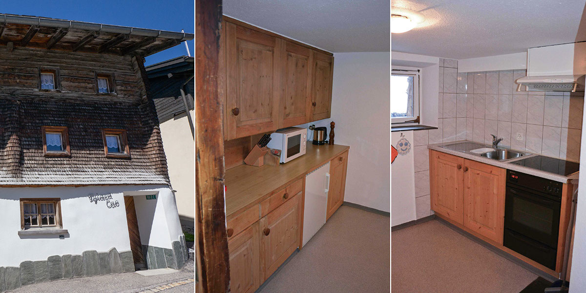 Bildbeschreibung: Aussenansicht im Sommer, Innenansichten von der Küche.